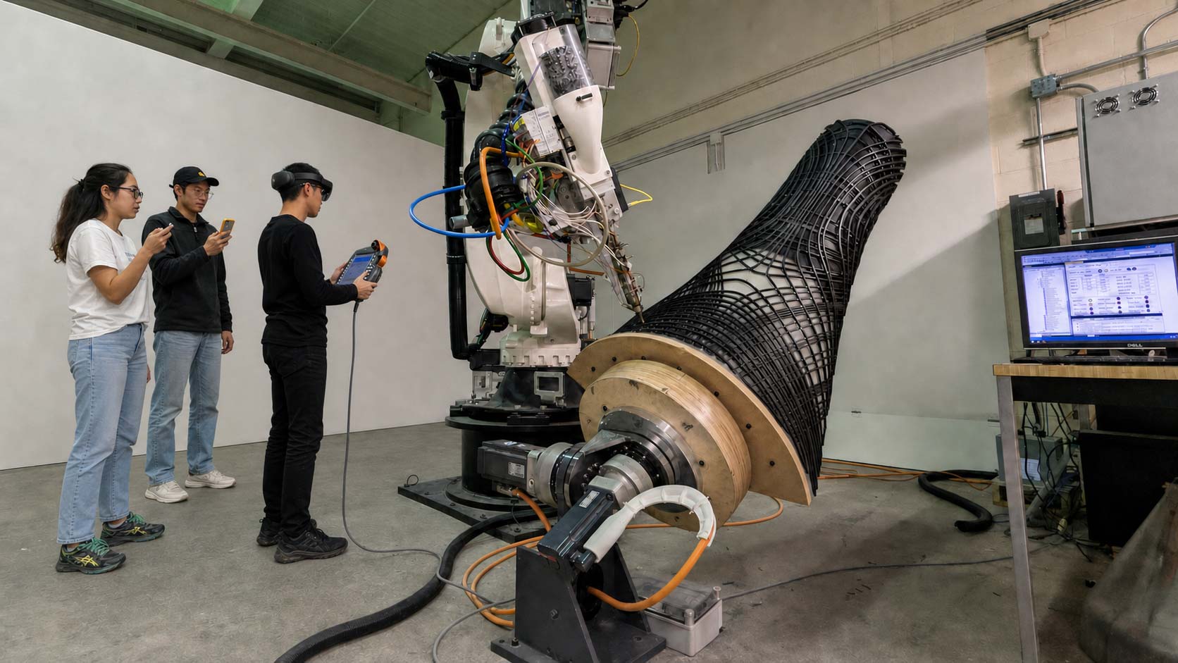 Students watching as a multi-axis robot works on a 3D print