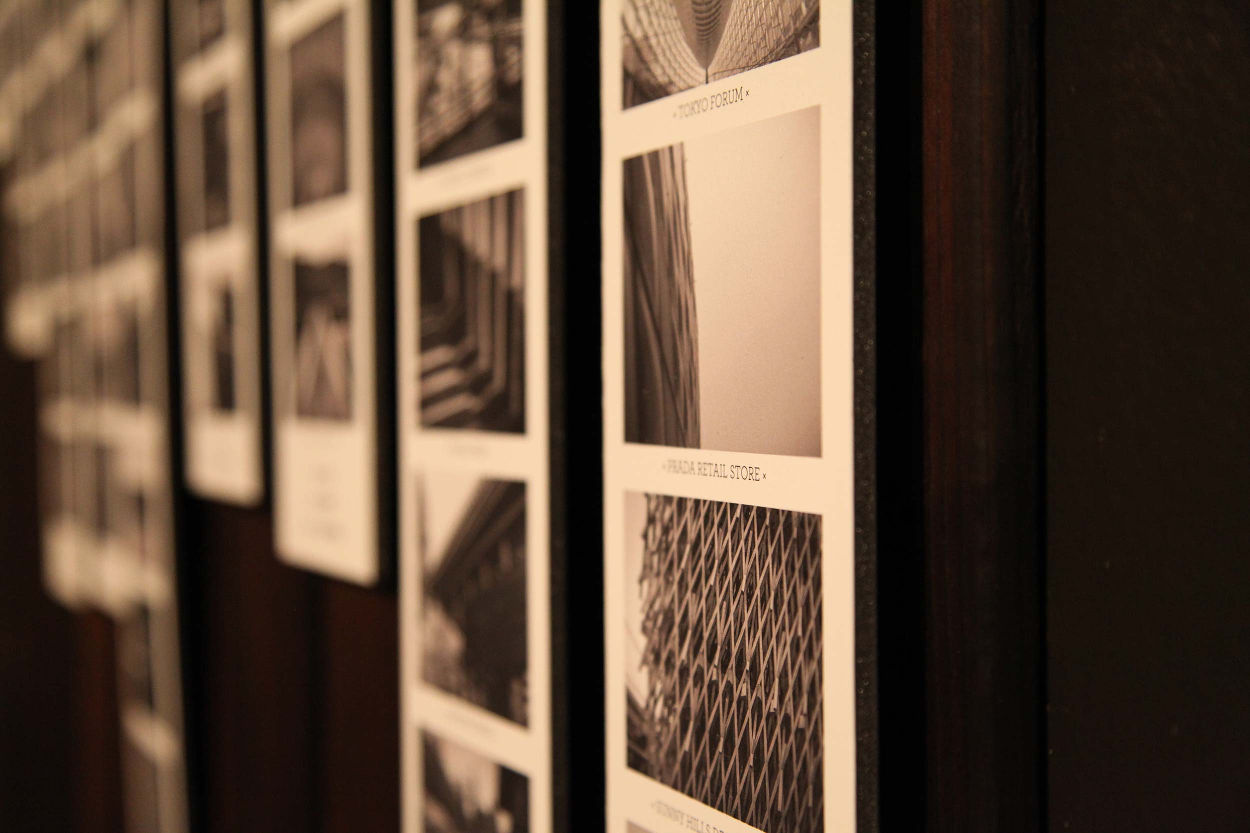 An off axis view of a collection of black and white images