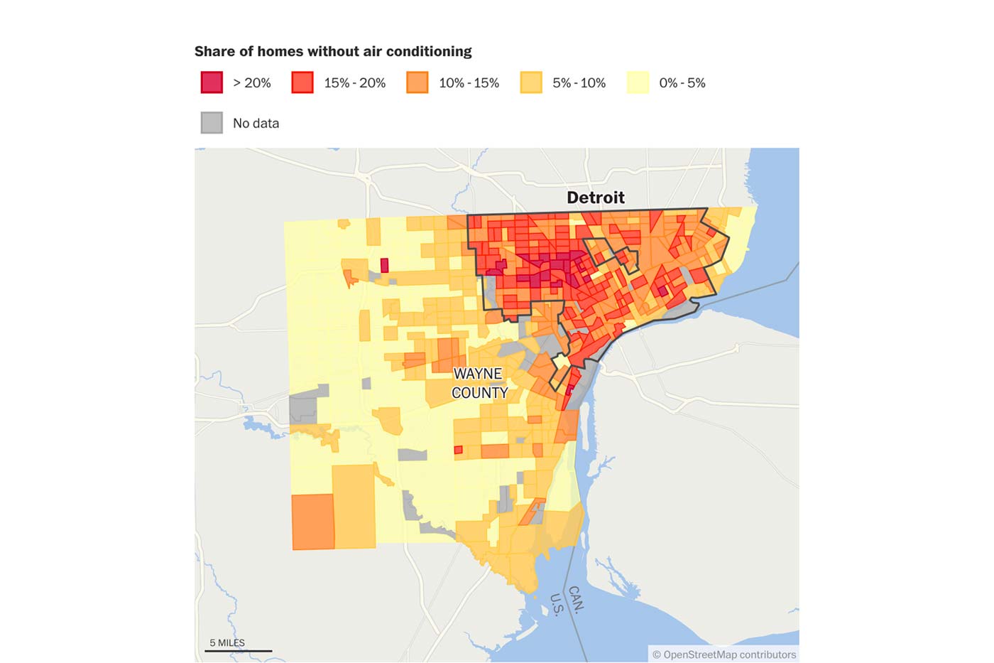 Map of Detroit and Wayne County showing the share of homes without air conditioning by neighborhood. The highest concentrations are clustered across central and northeastern Detroit, while most western and southern areas have much lower shares.
