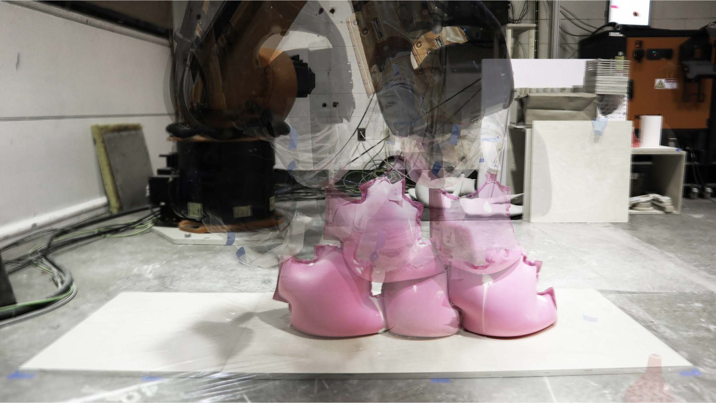A multiple exposure image of a robotic 3D print