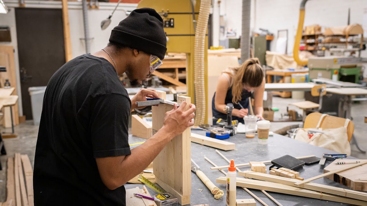 Students working on projects in the wood shop