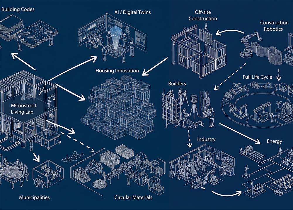 A systems diagram centers on “Housing Innovation” and connects a living lab with building codes, artificial intelligence and digital twins, off-site construction, construction robotics, builders, full life cycle, industry, energy, circular materials, and municipalities.