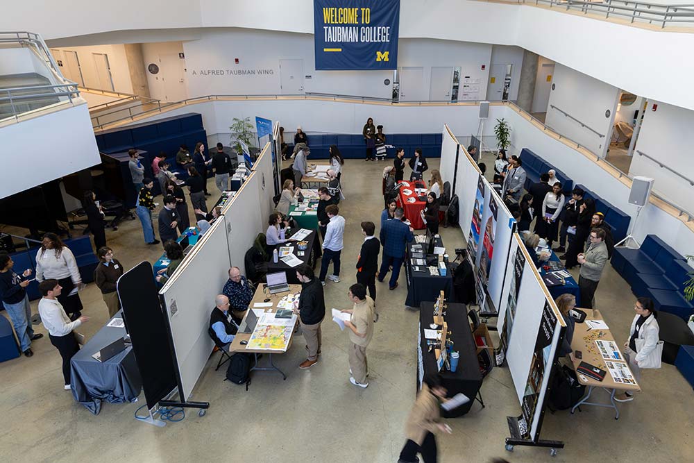 An overhead view of career fair booths