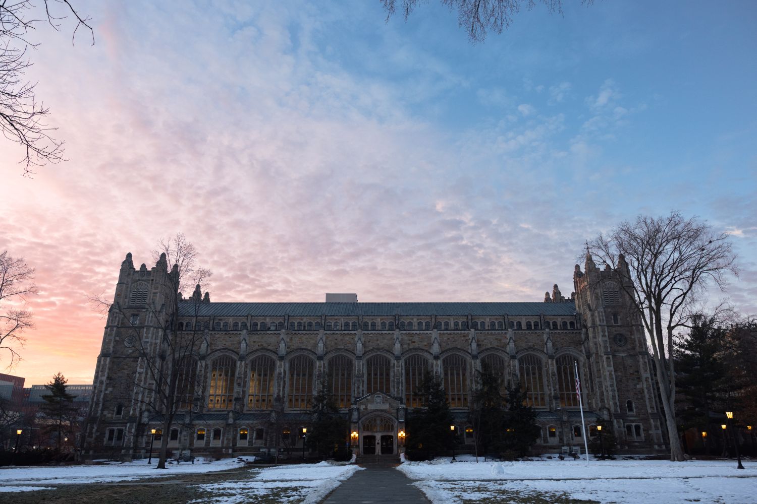 Law building at dusk during winter