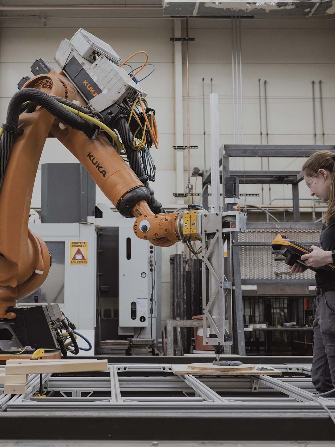 A person working with a multi-axis robot.